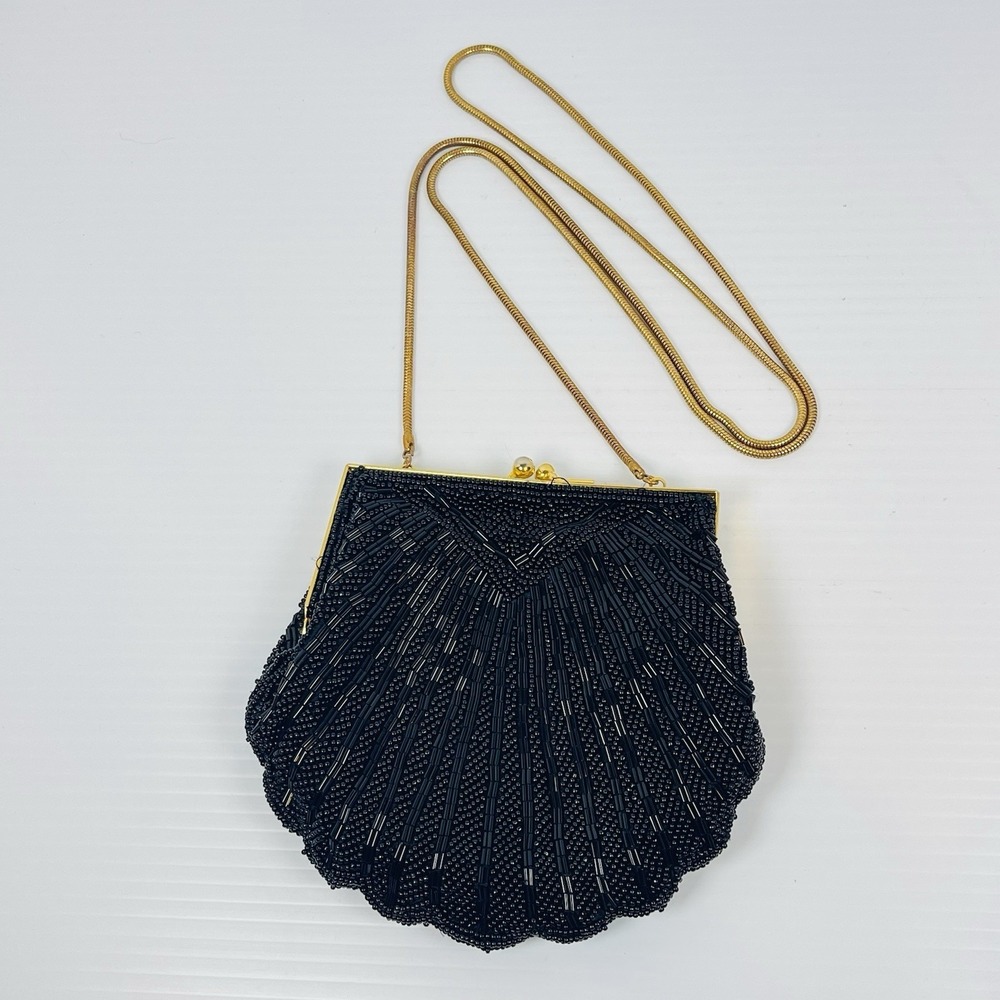 Vintage Valerie Stevens Black Beaded Scallop Shell Beaded Evening Purse Bag